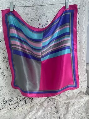 Vibrant Striped Satin Scarf in Fuchsia, Turquoise & Silver 20 x 20 New